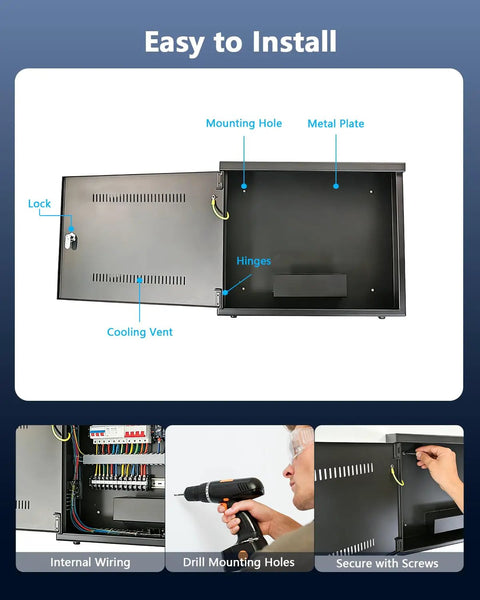 Heavy Hitter Black Lockable Steel Security Camera Box Crafted From Dust Proof Metal Housing For Cctv Outdoor Wiring Equipment Storage Universal Fit interior with lock, hinges, mounting holes, and cooling vents.