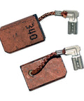Top Shelf Two Pack Carbon Brush Replacement Kit With Attached Wire Leads And Heavy Duty Brass Springs For Power Tool Repair. Close-up of brushes with wire leads.