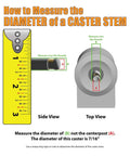How to measure the diameter of a caster stem with a ruler and diagrams showing side and top views for accurate measurement.
