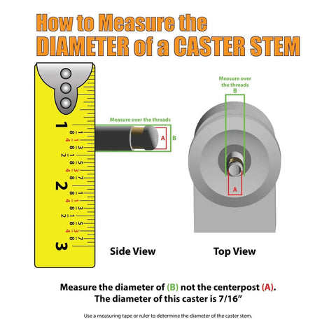 How to measure the diameter of a caster stem with a ruler and diagrams showing side and top views for accurate measurement.