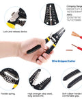 Hand holding All-In-One Pro-Grade Self-Adjusting Ratchet Wire Crimp Pliers Set With AWG 22-10 Range And Handy Wire Stripper