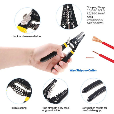 Hand holding All-In-One Pro-Grade Self-Adjusting Ratchet Wire Crimp Pliers Set With AWG 22-10 Range And Handy Wire Stripper