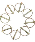 8 Piece Heavy Duty Lynch Pin Set With Spring Retainer Rock Solid Locking Pins For Trailers Mowers And Equipment Built To Last For Enhanced Durability And Safety Easy To Install And Keep Your Gear Locked In. 8 metal lynch pins with spring retainers on white background