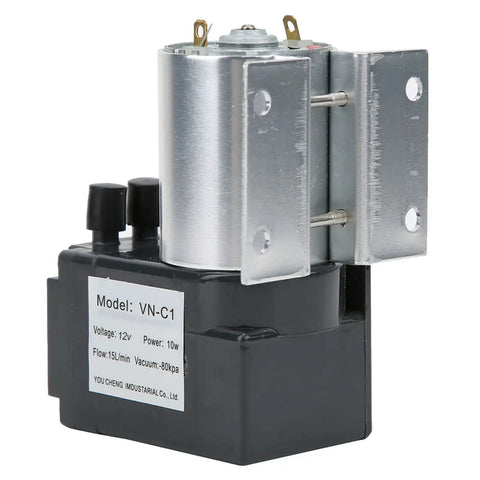 Dc 12 Or 24 Volt Mini Vacuum Pump With Integrated Mount, 10 Watt portable electric diaphragm compressor side view.