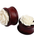 Natural Bamboo Wood Hollow Ear Plugs With White Rose Flower Ear Tunnels Set, Multi Gauge, anti-allergic, pair view.