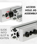 Top Shelf Self Centering Drill Jig For 1.5 X 3 T Slot Aluminum Extrusion Featuring Dowel Pin Alignment and Smooth Anodized Finish for Zero Hassle Fabrication Work, demonstrating access hole jig assembly.