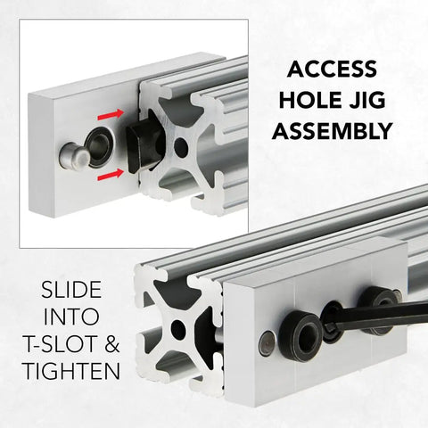 Top Shelf Self Centering Drill Jig For 1.5 X 3 T Slot Aluminum Extrusion Featuring Dowel Pin Alignment and Smooth Anodized Finish for Zero Hassle Fabrication Work, demonstrating access hole jig assembly.