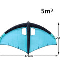 Inflatable Surf Wing For Wind Wing Foiling And Water Sports, 5 Cubic Meters Handheld Kite Wing, blue with dimensions 370x200cm.