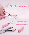 Handheld Paper And Leather Hole Punch, 6.3 Inch Long, One Sixteenth Inch Hole Diameter, Pink Soft Thick Leather Cover shown with removable handles
