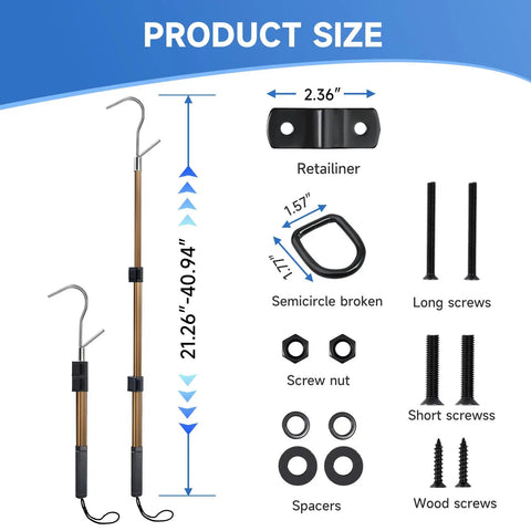 No-Fuss Attic Ladder Pull Down System Kit With Telescoping Extension Rod Door Hook D Ring And Mounting Screws Replacement For Attic Pull Down Cord 20 To 40 Inch Adjustable Space Saving Heavy Duty Aluminum Pole, size chart and parts