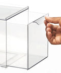 Person pulling drawer of Clear 2 Pack Slim Stackable Closet Organizer Bins With Pull Out Drawers For Shoes Bags Totes Accessories And Small Linens