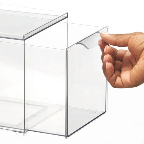 Person pulling drawer of Clear 2 Pack Slim Stackable Closet Organizer Bins With Pull Out Drawers For Shoes Bags Totes Accessories And Small Linens