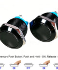 Two Pack 22mm Momentary Push Button Switch 1NO SPST With Screw Terminals 3A Rating At 12V 24V 36V DC And 110V 250V AC IP65 Waterproof Aluminum Alloy Shell Black Finish Easy Wire Contact, two black panel mounts