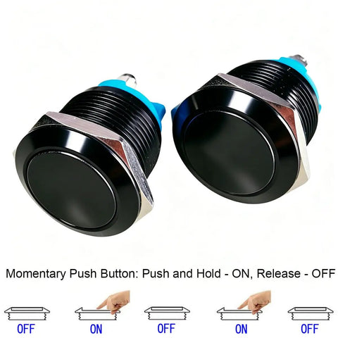 Two Pack 22mm Momentary Push Button Switch 1NO SPST With Screw Terminals 3A Rating At 12V 24V 36V DC And 110V 250V AC IP65 Waterproof Aluminum Alloy Shell Black Finish Easy Wire Contact, two black panel mounts