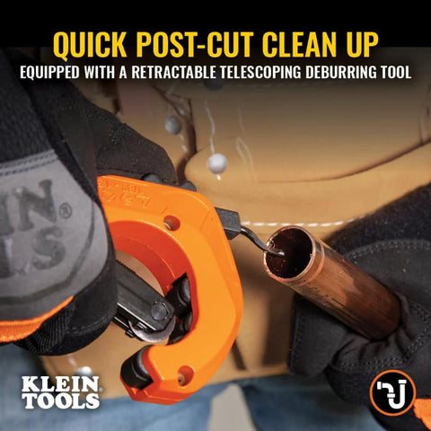 Klein Tools 50046 orange tubing cutter cutting copper pipe with deburring tool