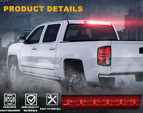 G-PLUS red lens LED 3rd brake light with chrome housing for pickup trucks; product image and installed view