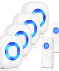Wireless Doorbell Kit No Fuss Setup With 1300 Feet Range Waterproof Chime System 58 Melodies 5 Volume Levels LED Flash Perfect For Home Or Classroom Includes 2 Push Buttons And 4 Receivers, showing four white receivers with blue LED rings and two white push buttons.
