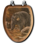 Elongated Toilet Seat With Oak Veneer Featuring Streamside Bear Outdoor Image Durable Wood Look Vibe Fits US Standard Elongated Toilets Ships Fully Assembled With Quality Bumpers And Hardware Easy Clean Surface