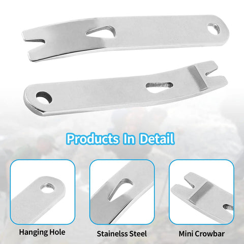 Stainless steel mini crowbar showing detail of 4 Pack Mini Crank Crowbar Set In Stainless Steel EDC Pry Bars For Keychain And Pocket Dope Multi Function Scrapers And Openers For Survival Tools Used Outdoors And Indoors 3 Inch Length