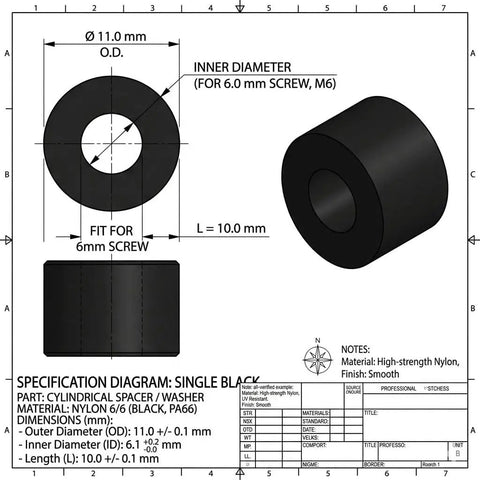 Specification diagram for 125 Piece Black Nylon Round Spacers Set For Screws And Hardware Non Threaded M6 Standoffs With ID 6.2mm