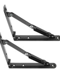 Close-up of Heavy Duty Folding Wall Shelf Brackets Two Pack Black Iron Ultra Sturdy Support with visible hinges and screw holes.