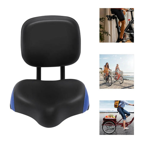 Universal Bike Seat With Backrest For Maximum Comfort Oversized Cushioned Bicycle Saddle With High Density Foam Adjustable Height And Extra Support For Long Rides And All Day Comfy Cruising, black padded seat with blue sides