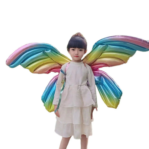 Child in Fairy Wing Balloon Costume Set for Halloween Party and Cosplay, Angel Butterfly Wings With Necklace, colorful rainbow wings.