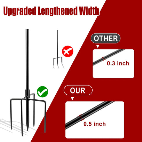 Comparison of torch stakes showing upgraded 0.5 inch width versus 0.3 inch, part of Outdoor Metal Torch Set Six Pack, 16oz Citronella Torches.