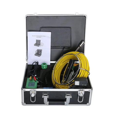 Heavy Duty Industrial Borescope Camera With Dual Lenses And Sweet 7 Inch Monitor For Drain Sewer Pipeline Inspection Plus Ip68 Hd Video Snake And No Sweat Tough Carry Case in rugged aluminum case with yellow cable and user manual.