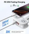 Slick Travel Power Strip With Four AC Outlets And Three USB Ports Including One USB C Connector PD 20W Fast Charging shown charging a smartphone.