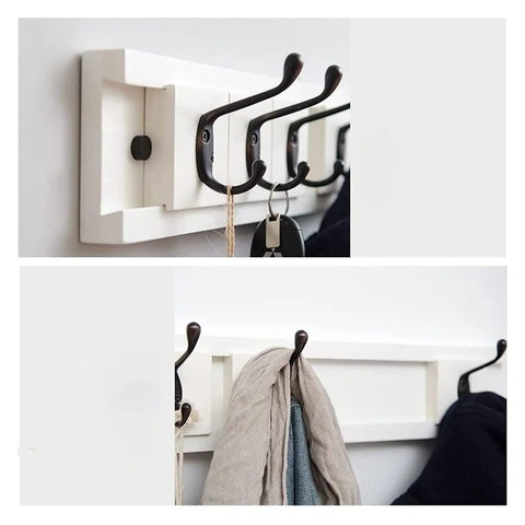 Heavy Duty Wall Mounted Coat Rack With Five Smooth Glide Metal Hooks For Mudroom Bedroom Setup, showing keychains and clothes hung.