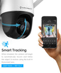 4MP Outdoor PT WiFi Security Cam With Pan Tilt And 16x Digital Zoom Ultra HD NightColor on wall with smartphone feed