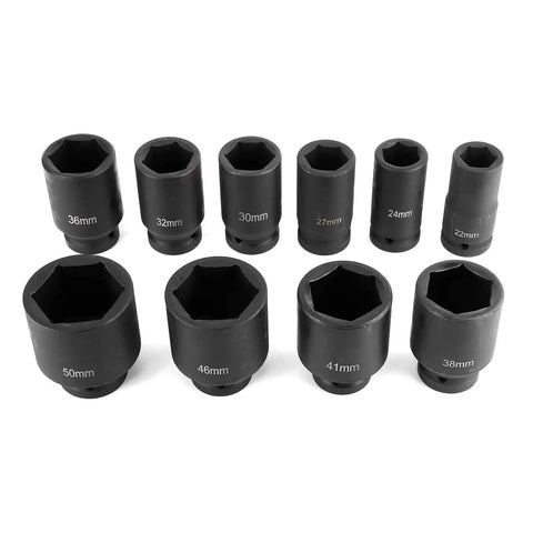 Heavy Duty Deep Impact Socket Set From 22 To 50mm With Six Point Design Crafted For Serious Car Repair Jobs Using Cr Mo Steel That Handles Big Torque And Lasts Through Tough Auto Shop Work Today. 10pc sockets 22mm to 50mm