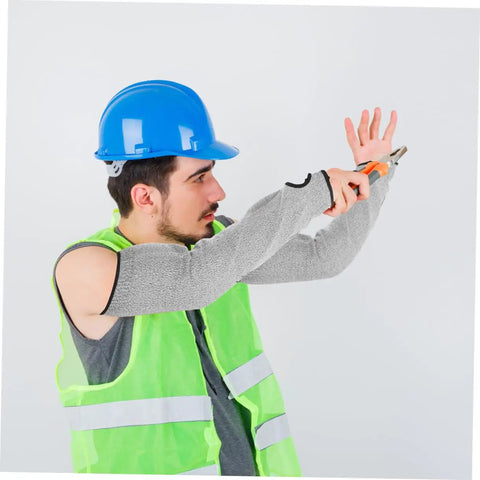 Heavy Duty Cut Resistant Arm Sleeves With Thumb Hole And No Sweat Breathable Design For Mechanics And Craftsmen wearing protective gear.