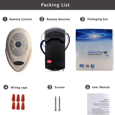 Universal Ceiling Fan Remote Control And Receiver Kit Replacement with remote, receiver, packaging, accessories, and manual.