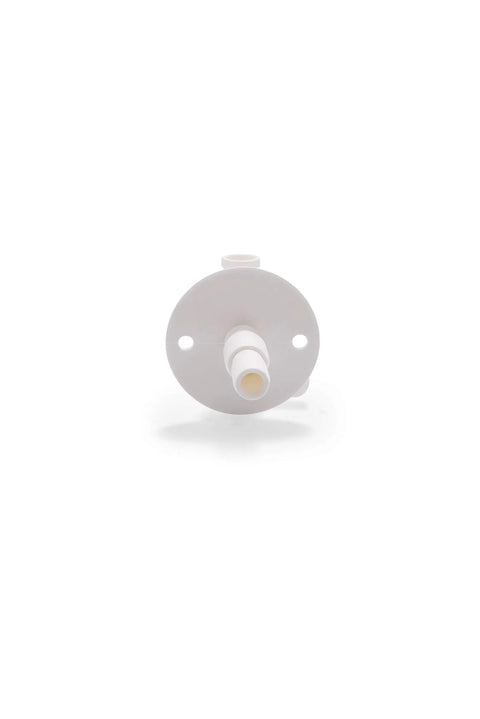 Front view of RV Water Tank Drain Valve With Flange, Durable Plastic Construction, Fits Three Quarter Inch Or One Half Inch Vinyl Tubing