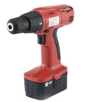 18 Volt Cordless Drill Featuring Smooth Operator Performance And Slick Keyless Chuck Heavy Duty Power Tool side view with battery.