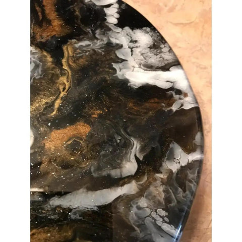 Close-up of 9.5 Inch Resin Marble Lazy Susan With Smooth 360 Degree Rotation For Kitchen Countertop And Dining Table Slick Black Gold White