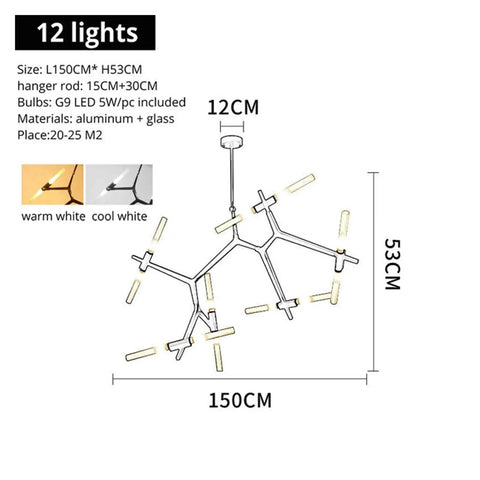 Post-Modern Nordic Pendant Light Herringbone Contemporary Living Room Dining Room Dimmable G9 Bulb Hanging Lamps LED, 12 lights, aluminum and glass design.
