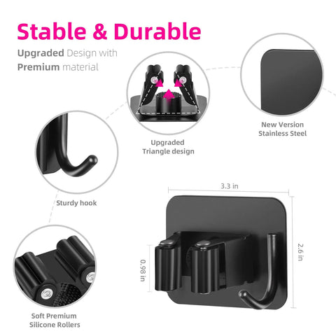 Diagram showing 4 Pack Anti Slip Broom Holder Wall Mount Set with Gripper and Hook, stainless steel material, black color
