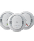Hardwired Smoke Detector With Ten Year Battery Backup For 120V Homes 85 dB Alarm Red LED Visual Warning Model 20SA10 Three Pack Detects Smoke Faster To Keep Your Crew Safe. Three white Kidde smoke alarms front view