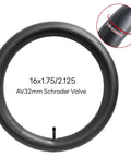 Go To 16 Inch Bike Inner Tubes Pack, 16x1.75 to 2.125 Range, 2 Durable AV32mm Schrader Valve Tubes shown with size details