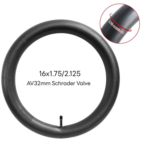 Go To 16 Inch Bike Inner Tubes Pack, 16x1.75 to 2.125 Range, 2 Durable AV32mm Schrader Valve Tubes shown with size details