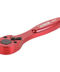 One Quarter Inch Drive Seventy Two Tooth Micro Ratcheting Bit Driver with anodized aluminum build, red finish, side view