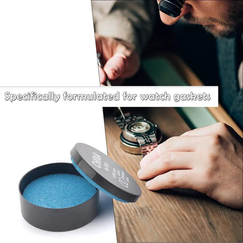 Pro Grade Watch Gasket Grease Silicone Lubricant For O-Rings And Case Backs in open black and blue container, watchmaker using grease
