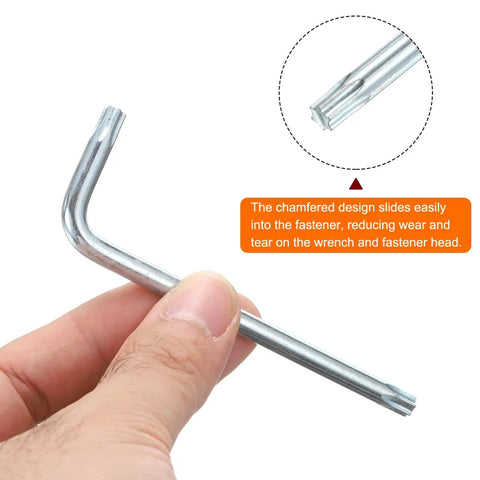 12 Piece T30 Security Tamper Proof Torx Bit Set With Long Arm L Shaped Hex Keys 3 7 Inch For Auto Repair And Home Fixes Carbon Steel Hand Tool Kit Durable Zinc Plated Finish For Extra Longevity, chamfered tip close-up