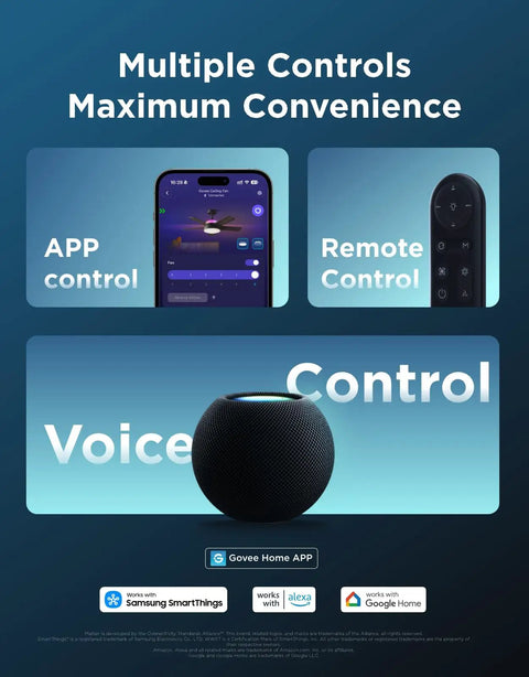 Ceiling Fan With Lights And Remote, 52 Inch Low Profile Black with app, remote, and voice control options displayed on screen.