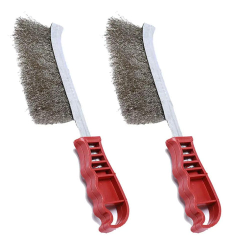 2 Pack Stainless Steel Wire Brushes For Automotive Cleaning And Rust Removal with red plastic handles on white background