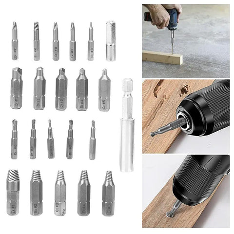 Super Cool 22 Pcs Left Hand Screw Extractor Kit With Durable High Speed Steel Bits And Socket Adapter Perfect For Tough Home Improvement Jobs And Stripped Bolt Removal On Any Car Or Gear. 22-piece HSS extractor bit set with adapter in use