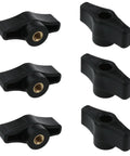 Set of six 1/4-20 threaded thru nuts in black nylon for T-track clamping fixtures, ideal for jigs and woodworking.